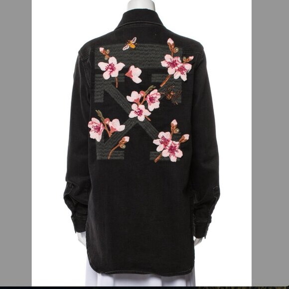 Off White Black Denim Jacket with Cherry Blossom Embroidery - Picture 1 of 3